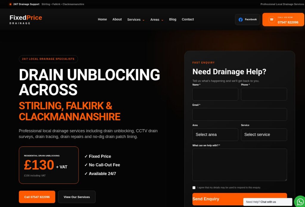 Fixed Price Drainage website, showing its drainage services and enquiry options